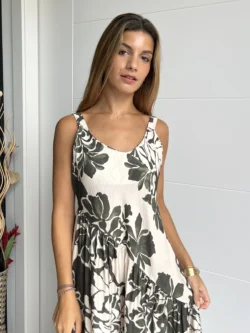 Vestido Midi Asimétrico Flores Verde y Crudo - Imagen 2