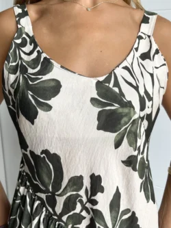 Vestido Midi Asimétrico Flores Verde y Crudo - Imagen 9