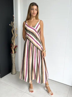 Vestido Midi Asimétrico Rayas Multicolor