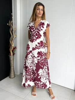 Vestido Midi Pico Flores Burdeos