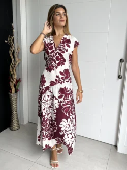 Vestido Midi Pico Flores Burdeos - Imagen 3