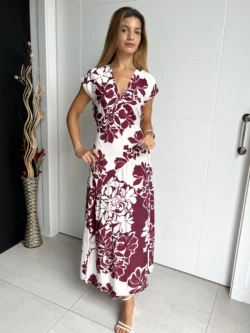 Vestido Midi Pico Flores Burdeos - Imagen 4