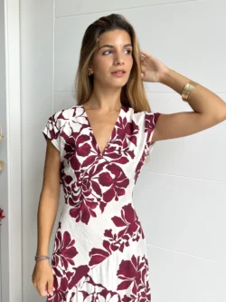 Vestido Midi Pico Flores Burdeos - Imagen 2