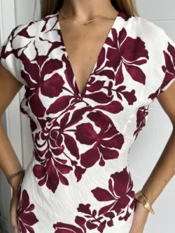 Vestido Midi Pico Flores Burdeos - Imagen 7