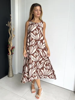 Vestido Midi Suelto Hojas Marrón y Crudo - Imagen 4