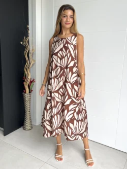 Vestido Midi Suelto Hojas Marrón y Crudo
