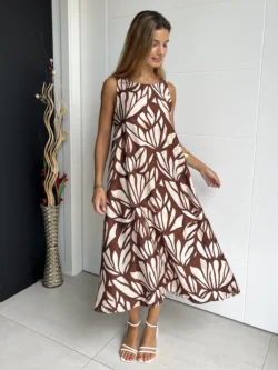 Vestido Midi Suelto Hojas Marrón y Crudo - Imagen 2
