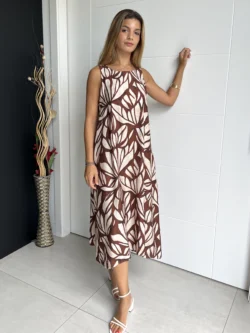 Vestido Midi Suelto Hojas Marrón y Crudo - Imagen 5