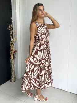 Vestido Midi Suelto Hojas Marrón y Crudo - Imagen 6