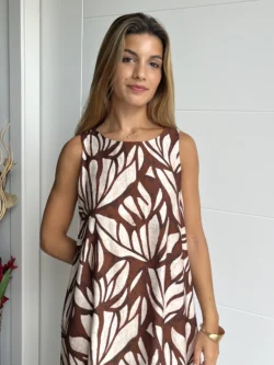 Vestido Midi Suelto Hojas Marrón y Crudo - Imagen 3