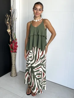 Falda Midi Lino Estampada Verde y Teja - Imagen 4