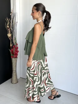 Falda Midi Lino Estampada Verde y Teja - Imagen 5