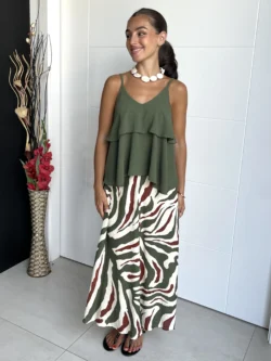 Falda Midi Lino Estampada Verde y Teja