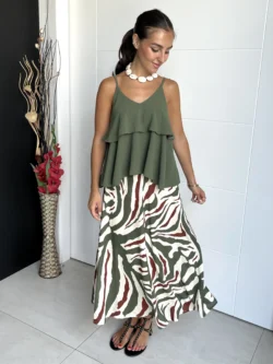 Falda Midi Lino Estampada Verde y Teja - Imagen 2