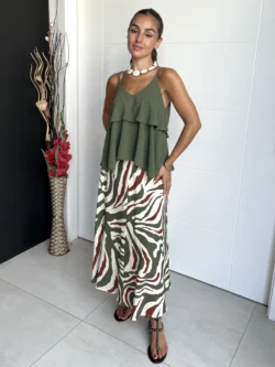 Falda Midi Lino Estampada Verde y Teja - Imagen 3