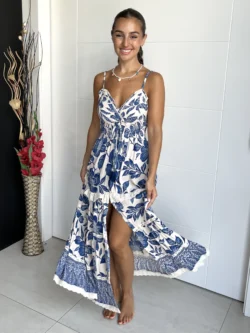 Vestido Playero Tirantes Boho Hojas Azul - Imagen 6