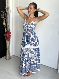 Vestido Playero Tirantes Boho Hojas Azul - Imagen 7