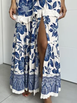 Vestido Playero Tirantes Boho Hojas Azul - Imagen 11