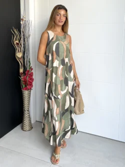 Vestido Seda Fría Manchas Verde y Camel - Imagen 5