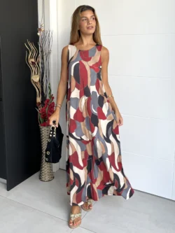 Vestido Seda Fría Manchas Rojo y Gris