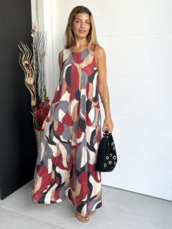 Vestido Seda Fría Manchas Rojo y Gris - Imagen 3