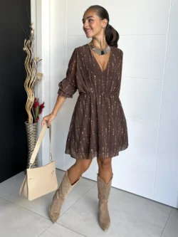 Vestido corto gasa marrón elegante mujer