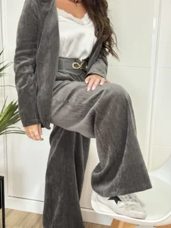 Pantalón traje aterciopelado gris mujer elegante