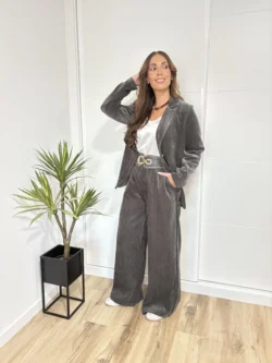 Outfit elegante con traje aterciopelado gris 2025