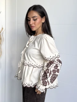 Blusa Beige Bordada Manga Larga Boho Chic - Imagen 5