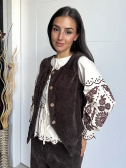 Blusa Beige Bordada Manga Larga Boho Chic - Imagen 3