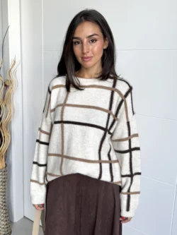 Jersey Cuadros Beige con Rayas Marrones.