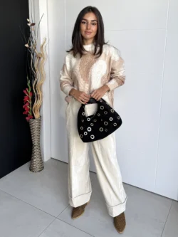 Pantalón Ancho Satén Beige - Imagen 4