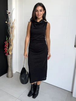 Vestido Midi Negro Cuello Drapeado - Imagen 3