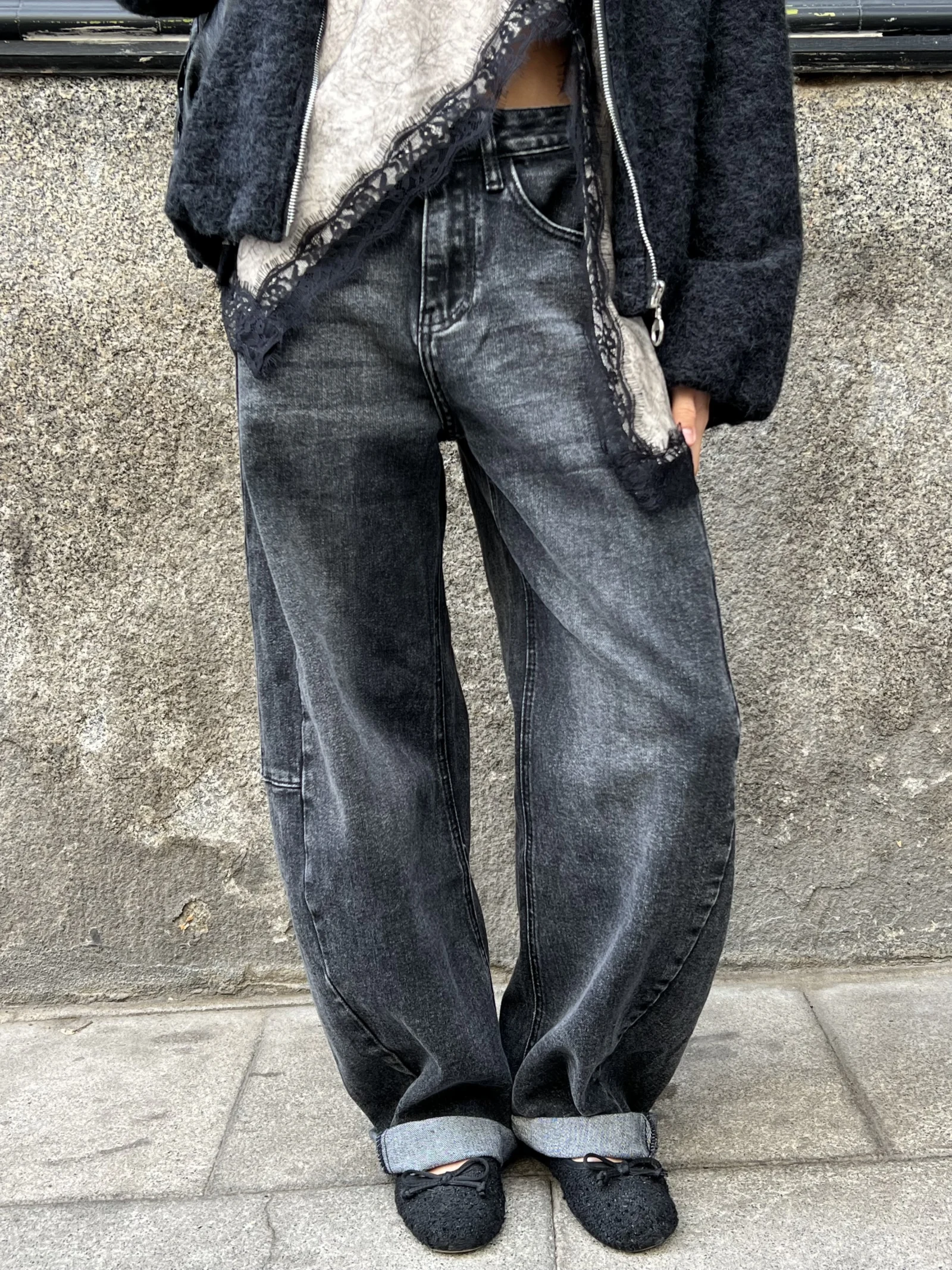 Pantalón Denim Lavado Desgastado Gris