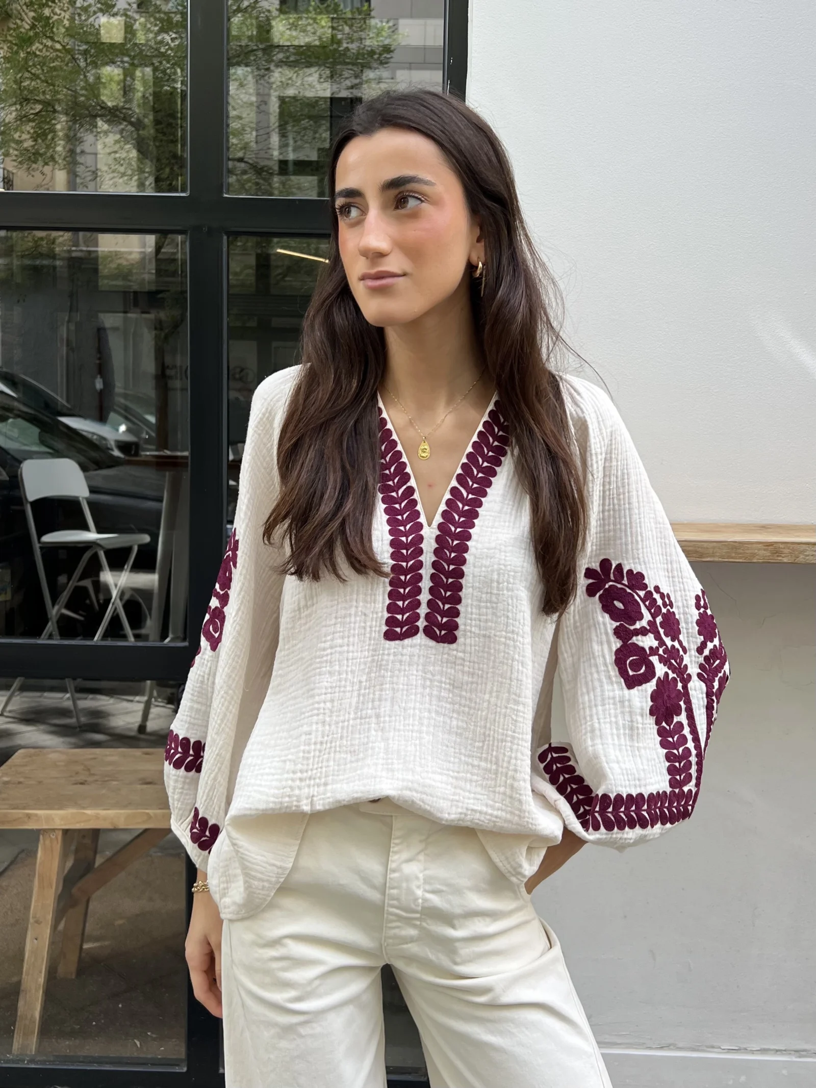 Blusa Boho Algodón Bordado Ciruela