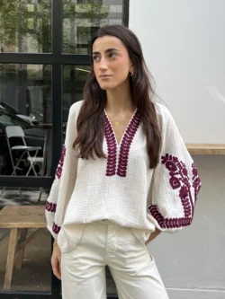 Blusa Boho Algodón Bordado Ciruela