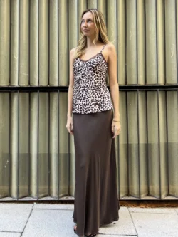 Falda Larga Evasé de Raso Marrón Chocolate