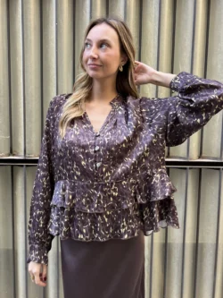 Blusa Raso Volantes Animal Print Tonos Marrones