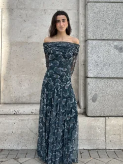 Vestido Tul Largo Azul Escote Bardot - Imagen 5