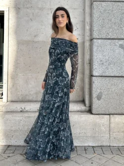 Vestido Tul Largo Azul Escote Bardot - Imagen 4