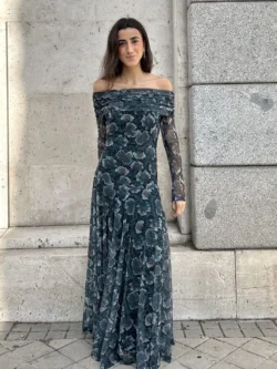 Vestido Tul Largo Azul Escote Bardot - Imagen 3