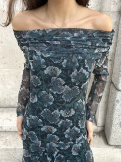 Vestido Tul Largo Azul Escote Bardot - Imagen 6