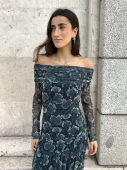 Vestido Tul Largo Azul Escote Bardot - Imagen 2