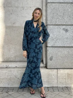 Vestido Largo Azul Lazo Cuello