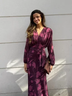 Vestido largo ciruela lazo cuello