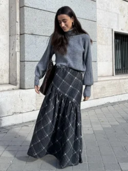 Falda Larga Cuadros Gris