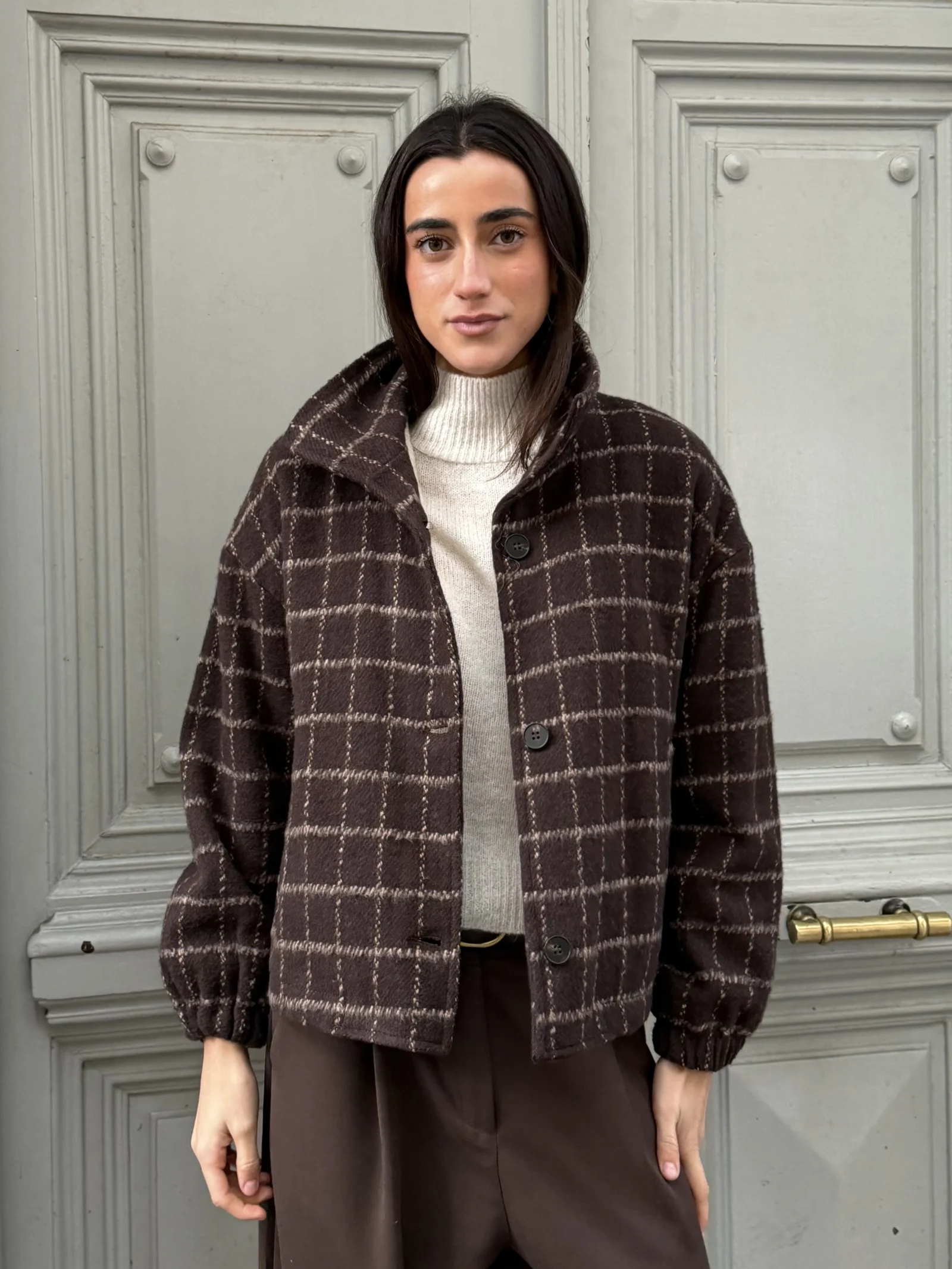 Chaqueta Corta Cuadros Chocolate