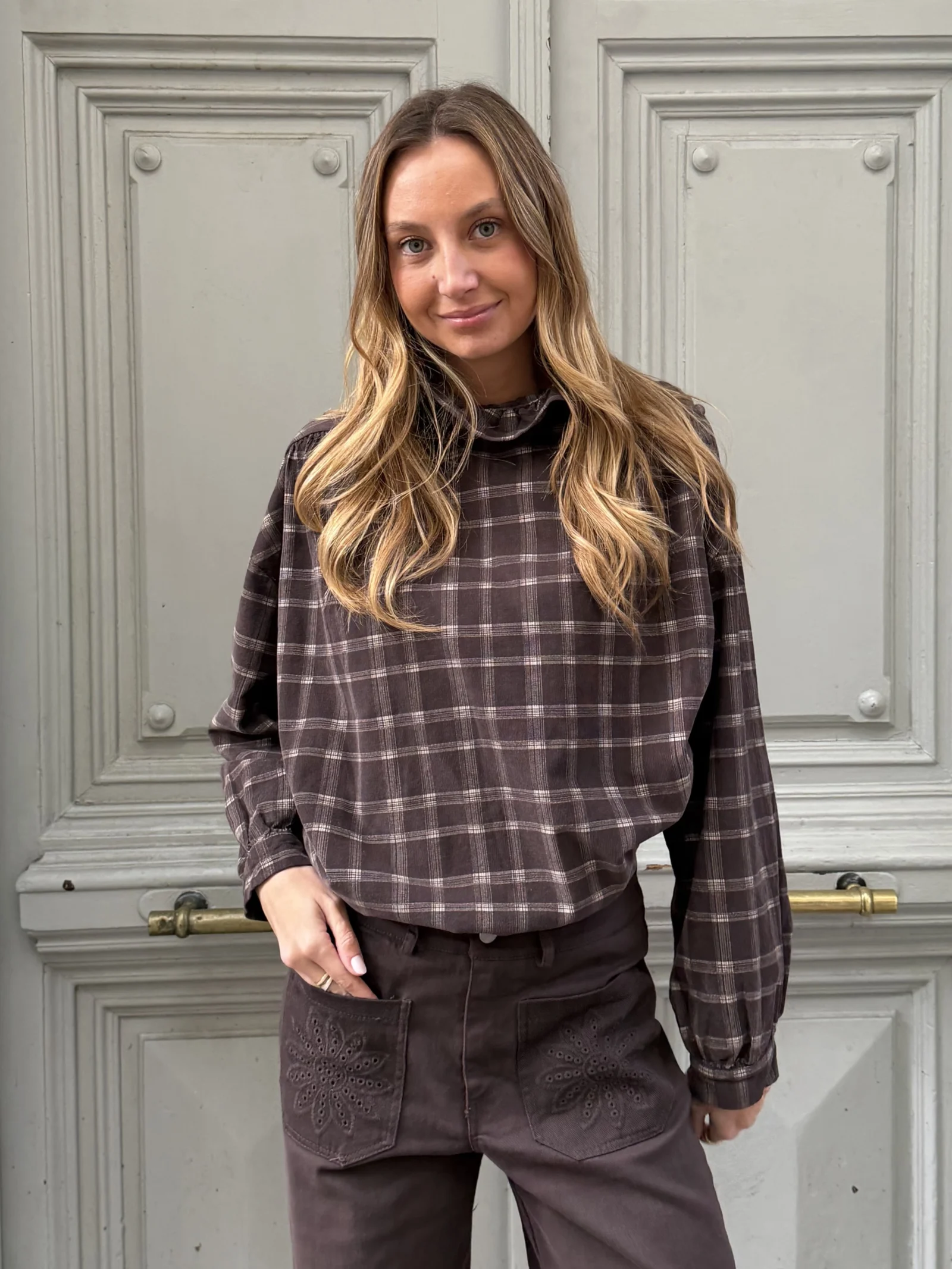 Camisa Micropana Cuadros Marrón Topo