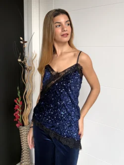 Top Lentejuelas Encaje Azul Marino