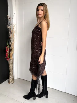 Vestido Lencero Lentejuelas Asimétrico Marrón - Imagen 6